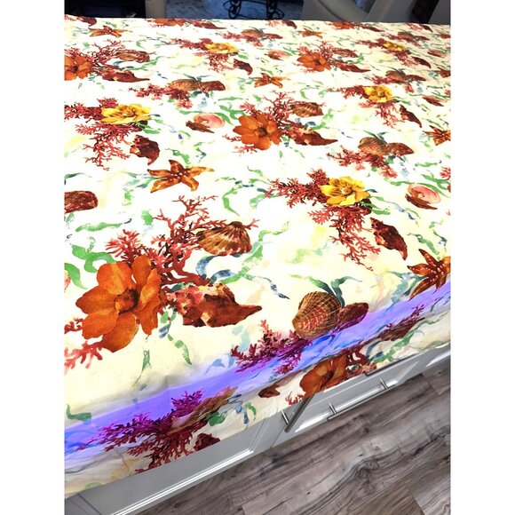 Vtg Waverly? Coastal Tablecloth Seashells Coral Cotton Rectangular Table Top - Picture 2 of 11